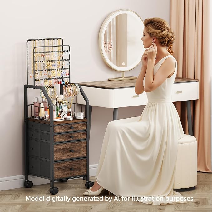 SWTYMIKI Jewelry Organizers and Storage- Multifunctional Stand Jewelry Organizer Cabinet for Necklace, Earring, Ring & Bracelet - Jewelry Box Necklace Holder with 4 Nonwoven Drawers & Wheel Espresso
