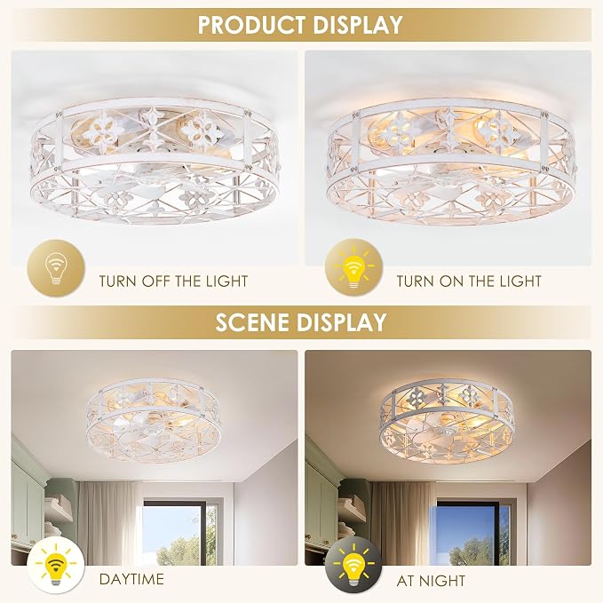 ZYD Caged Ceiling Fans with Light, 20" Ceiling Fans with Lights and Remote Flush Mount, Bladeless Caged Ceiling Fan with Light, Rust White Farmhouse Ceiling Fan for Bedroom, Kitchen, Dining Room