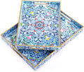 Hiceeden Set of 2 Boho Floral Serving Tray with Handles, 15.7" x 11.8" Decorative Plastic Ottoman Tray, Modern Large Coffee Table Server for Living Room, Bathroom, Kitchen, Rectangle, Blue