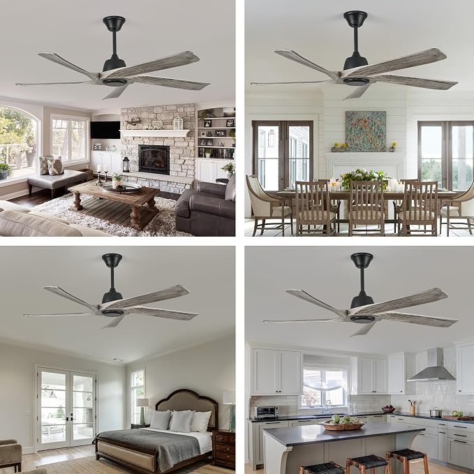 60 Inch Solid Wood Ceiling Fan No Lights, Remote and APP Control, DC Motor, 6-speed Reversible, for Bedroom, Living Room, Office, Outdoor Ceiling Fans, Greywood