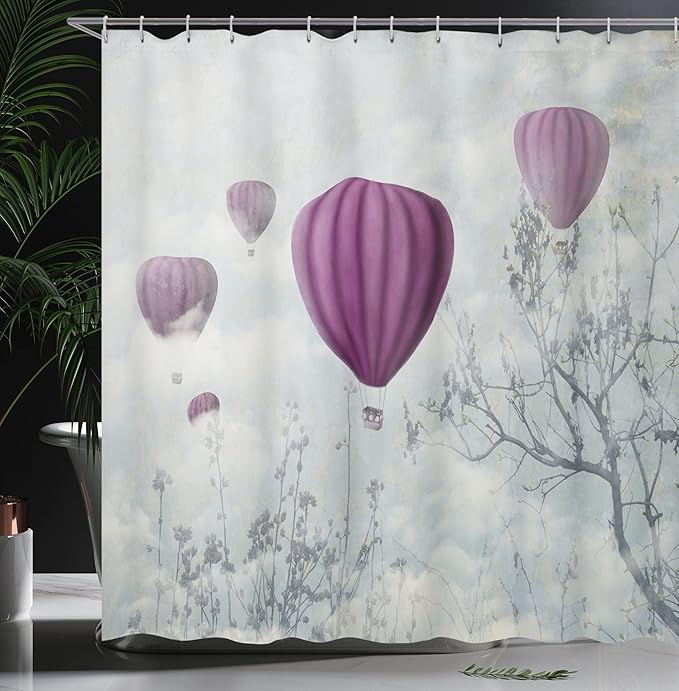 Ambesonne Fantasy Shower Curtain, Hot Air Balloons in The Clouds Dream Journey to Secret Paradise Romantic Design, Cloth Fabric Bathroom Decor Set with Hooks, 69" W x 75" L, Purple White