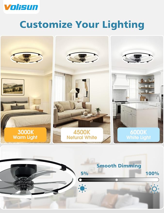 VOLISUN Low Profile Ceiling Fan with Lights and Remote, 23.6in Bladeless Ceiling Fans with Light Flush Mount, Dimmable Modern LED Fan Light, Black Fandelier Ceiling Fans for Bedroom,Living Room