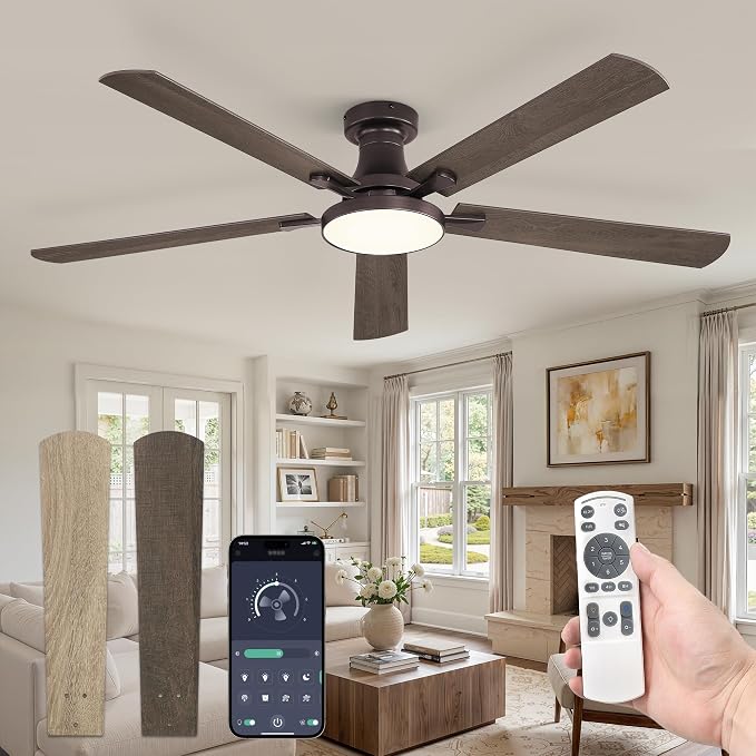 ZMISHIBO 60 Inch Flush Mount Ceiling Fan with Light, Remote&APP, Oil Bronze | 6-Speed Quiet DC Motor, Dimmable 24W LED with 3CCT (3000K-6500K), Modern Low Profile for Living Room, Bedroom, Kitchen