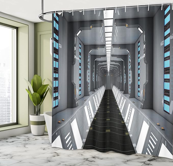 Ambesonne Futuristic Shower Curtain, Futuristic SciFi Corridor Space Ship Station Science Fiction Laboratory Picture Print, Cloth Fabric Bathroom Decor Set with Hooks, 69" W x 75" L, Grey