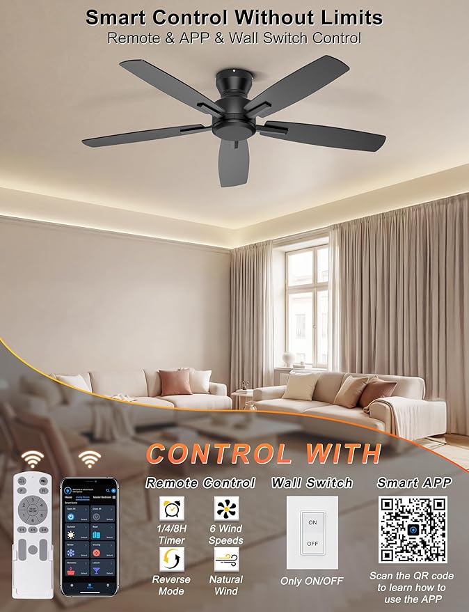 Ohniyou 52 Inch Ceiling Fan No Light, Low Profile Ceiling Fan with Remote and App Control, Flush Mount Ceiling Fan without Light for Bedroom Living Room Covered Patios, Quiet DC Motor, Black