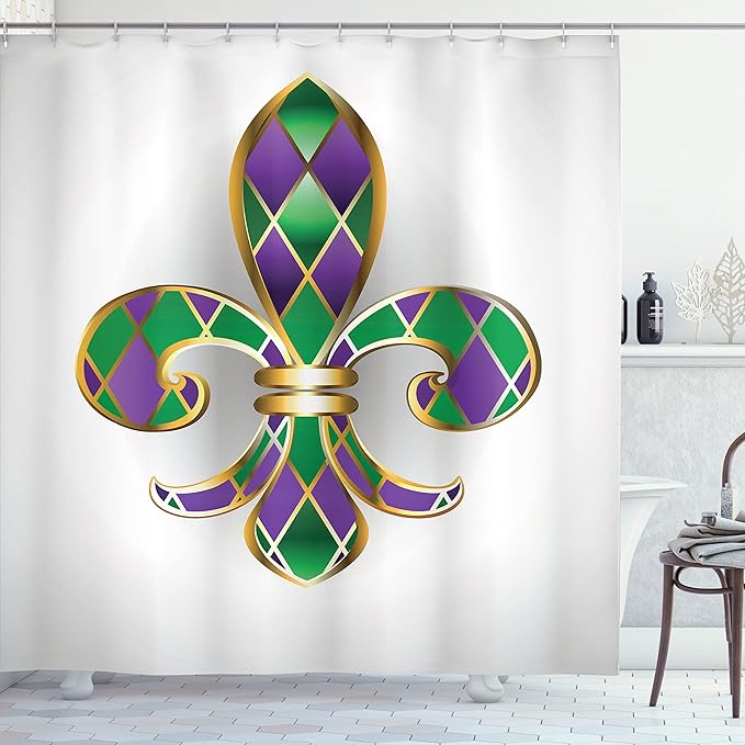 Ambesonne Fleur De Lis Shower Curtain, Golden Yellow Colored Lily Diamond Shapes Royalty Theme, Cloth Fabric Bathroom Decor Set with Hooks, 69" W x 70" L, Purple Green