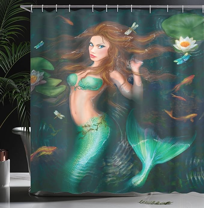 Ambesonne Underwater Shower Curtain, Fantasy Mermaid in Lake with Lilies Blossom Plants Leaves, Cloth Fabric Bathroom Decor Set with Hooks, 69" W x 84" L, Green Brown Jade Green