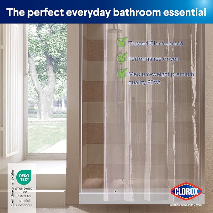 Clorox Shower Curtain Liner, Premium Medium-Weight Durable Waterproof 6g PEVA for Bathroom with Weighted Magnets, Extra Long 54" x 78", Clear 1 Pack