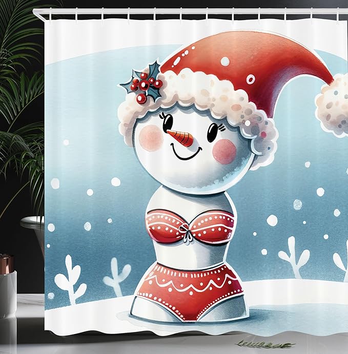 Ambesonne Christmas Shower Curtain, Happy Smiling Snowman in Bikini and Santa Hat Vintage Cartoon Art, Cloth Fabric Bathroom Decor Set with Hooks, 69" W x 84" L, Pale Slate Blue Vermilion