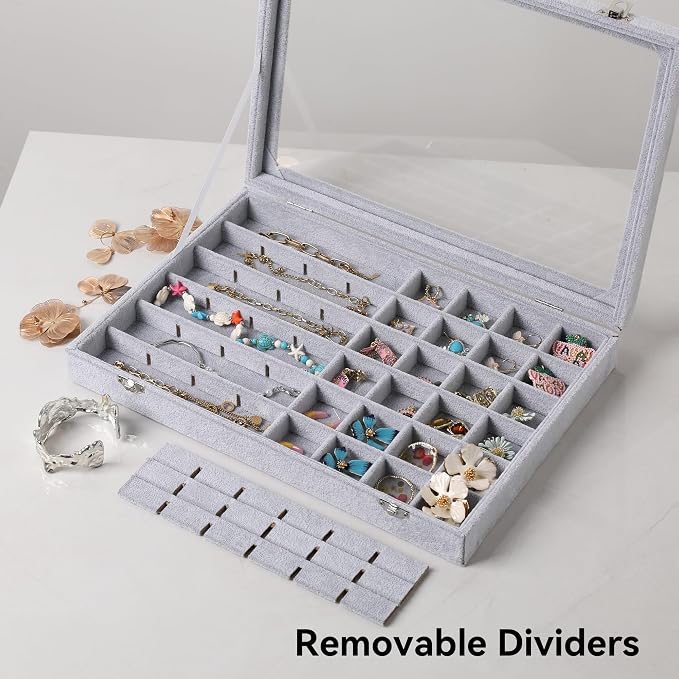 Frebeauty 48 Grid Earring Organizer,Velvet Jewelry Tray with Clear Lid | Drawer Jewelry Organizer for Rings Studs Beads,Adjustable Dividers,Dustproof,Earring Storage,Trinket Box,13.8×9.5Inches