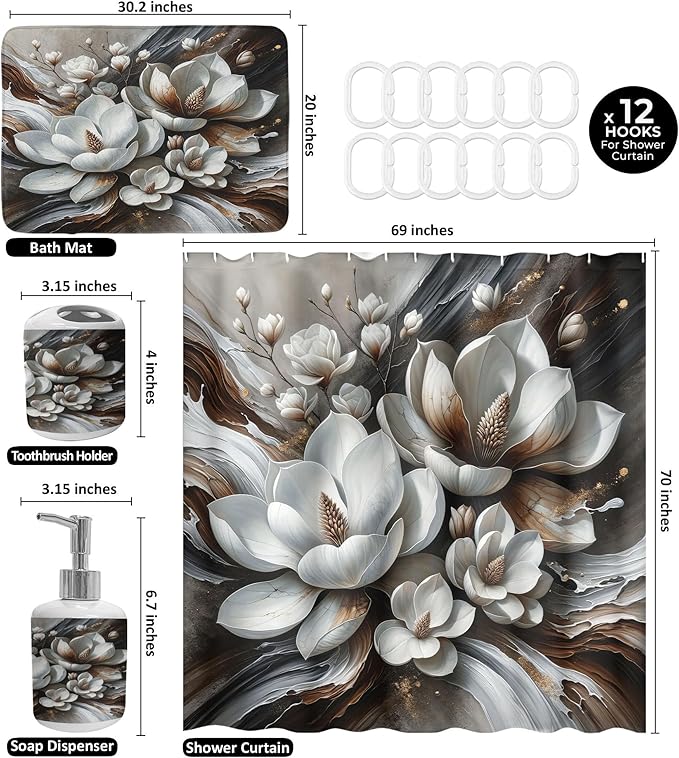 Ambesonne Brown Bathroom Decor Set 4 Pcs Including Shower Curtain with Hooks Bath Mat Soap Dispenser Toothbrush Holder in Box Essentials & Accessories, Magnolia Watercolor, White Dark Grey Chocolate