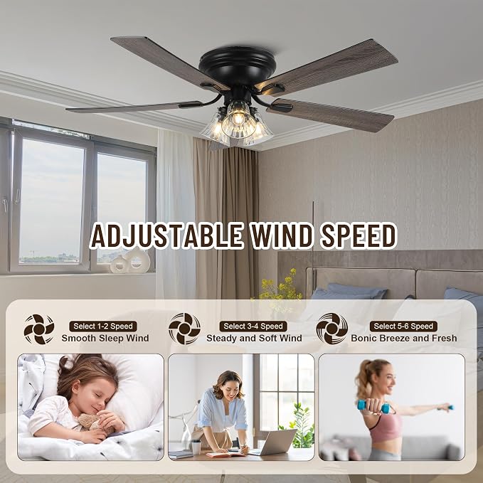 52'' Flush Mount Ceiling Fans with Lights and Remote Control | Reversible DC Motor,5 Reversible Blade,6 Speeds,Rustic Farmhouse Ceiling Fan for Living Room,Dining Room,Bedroom