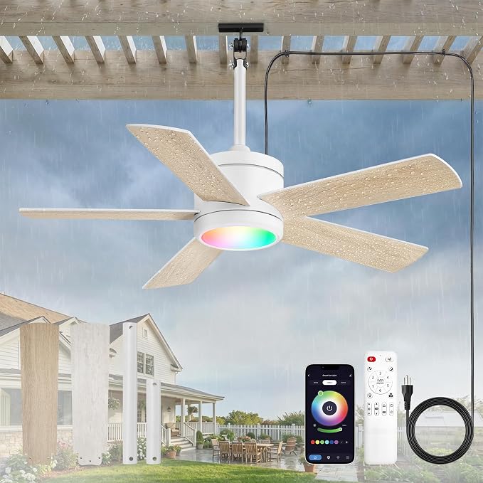 Fanbulous 42" Outdoor Ceiling Fans with Lights, APP Remote Control, IP65 Waterproof, RGB Dimmable Light, Plug in with 10FT Cord, 6-Speeds, 3CCT, Hook Hanging Fan for Gazebo Patio Porch Canopy(White)