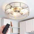 Caged Ceiling Fan with Lights, 23 Inch Farmhouse Remote Control Flush Mount Fan Lights Ceiling Fixtures, E26 Base 6 Speeds Bladeless Ceiling Fans with Lights for Indoor Kitchen Bedroom, Silver