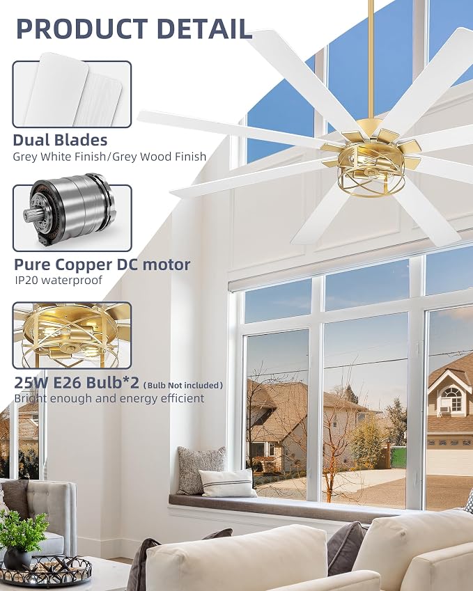 YOUKAIN Ceiling Fans with Lights, 72 Inch Farmhouse Ceiling Fans with Lights and Remote, 8-Reversible Blades, Gold Finish, Outdoor Ceiling Fan for Indoor/Outdoor Use, 72-YJ632-GDW
