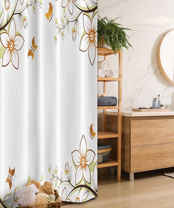 Ambesonne Floral Stall Shower Curtain, Flowers Leaves Branches Buds Butterflies Frame Like Image Print, Fabric Bathroom Decor Set with Hooks, 36" W x 72" L, Pale Green Pale Brown