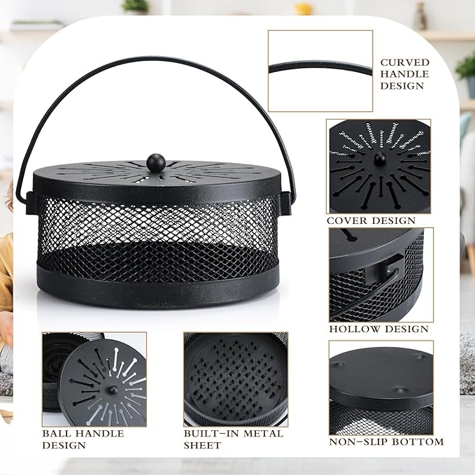 Lallisa 2 Pieces Mosquito Coil Holder Incense Coil Holder Round Retro Portable Metal Hanging Incense Burner Holders with Handle for Home Indoor Outdoor Camping Patio (Black)