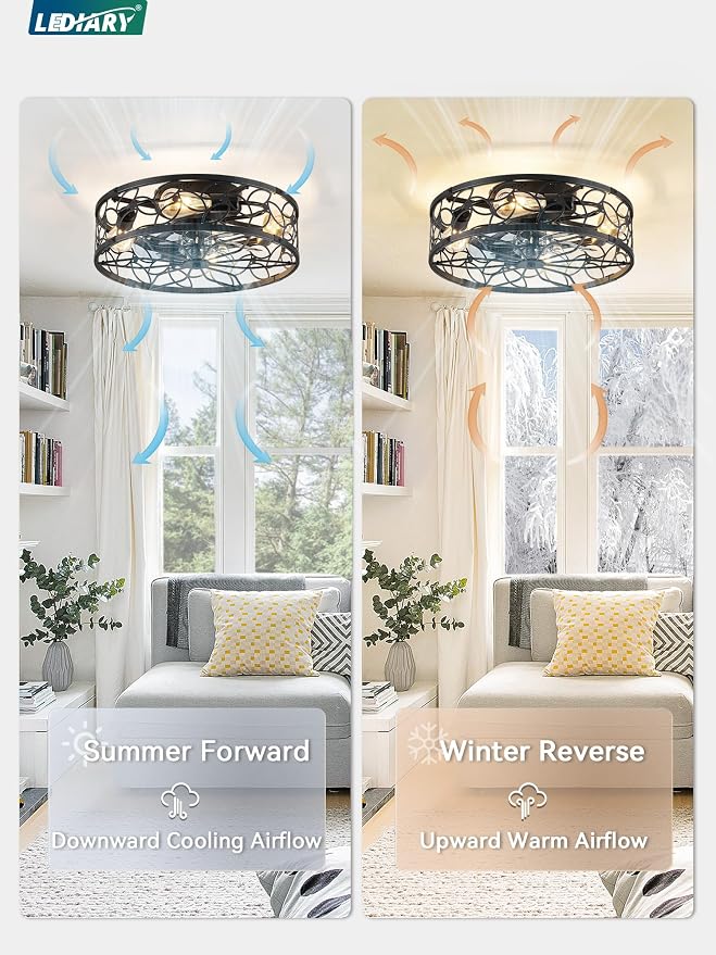 LEDIARY Caged Ceiling Fans with Lights, Black Flush Mount Ceiling Fan with Remote&App, Small Low Profile Bladeless Ceiling Fan Light Fixture for Bedroom, Kitchen, Dining Room.
