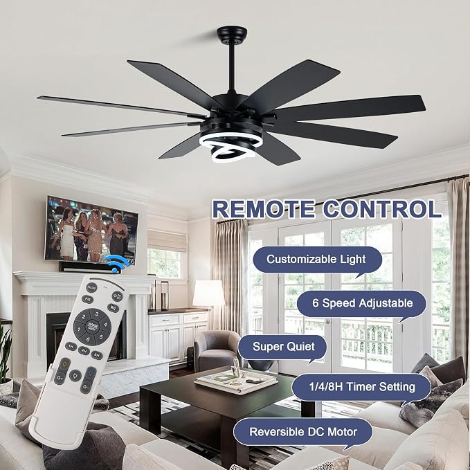 Bella Depot 72 Inch Black Ceiling Fan Modern Chandelier Fan with Remote Control, 6-Speed, Reversible, Timing Option - Ideal for Large Living Room, Garage, and Covered Patio