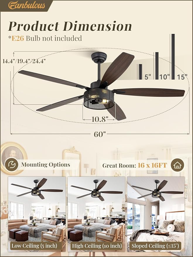 Fanbulous Farmhouse Ceiling Fans with Lights and Remote, 60 Inch Industrial Black Caged Ceiling Fans for Living Room Bedroom Kitchen, 6 Speed Reversible Quiet DC Motor, Dual Finish 5 Blades