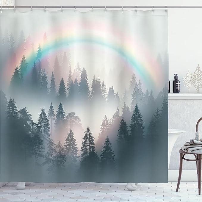 Ambesonne Grey Shower Curtain, Art Delicate Rainbow with Foggy Woods Scenery of Wild Nature Mountains Print, Cloth Fabric Bathroom Decor Set with Hooks, 69" W x 75" L, Multicolor Dark Teal