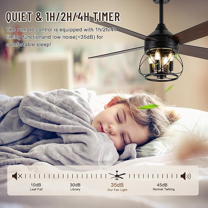 52" Industrial Ceiling Fans with Lights and Remote Control | ReversibleQuiet DC Motor,4 Double Finish Wood Blades,Rustic Ceiling Fan with Light For Porch,Living Rooms,Bedroom