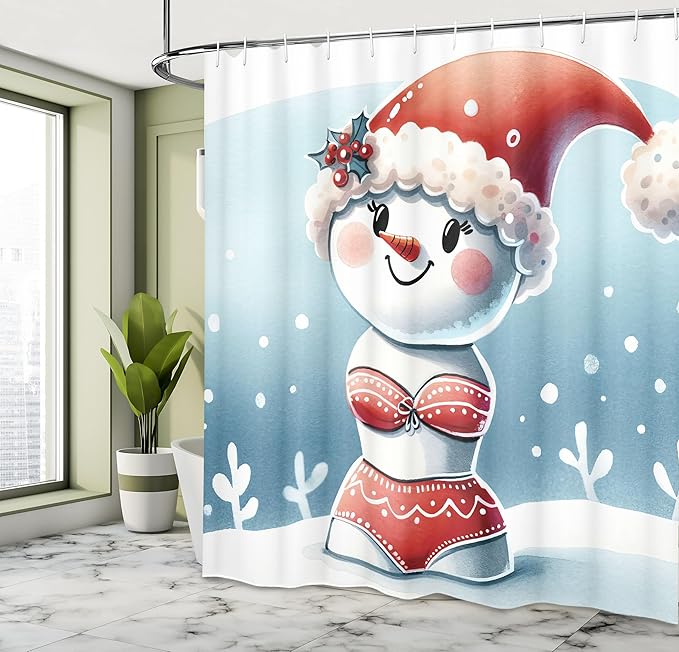 Ambesonne Christmas Shower Curtain, Happy Smiling Snowman in Bikini and Santa Hat Vintage Cartoon Art, Cloth Fabric Bathroom Decor Set with Hooks, 69" W x 84" L, Pale Slate Blue Vermilion
