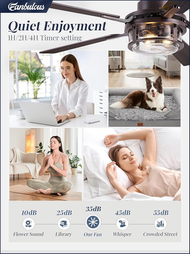 Fanbulous 52 Inch Ceiling Fan with Light and Remote,Downrod Mount Farmhouse Ceiling Fan for Bedroom, Quiet 6-Speed Reversible DC Motor, Rustic Brown & Wood Finish Blades