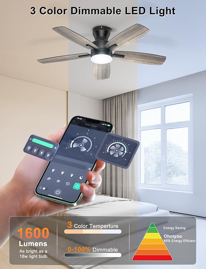 Ohniyou Ceiling Fans with Lights, 42'' Low Profile Ceiling Fan with Light and Remote/APP Control, Modern Flush Mount Ceiling Fan for Indoor Bedroom Kitchen, Dimmable, Quiet DC Motor, Black