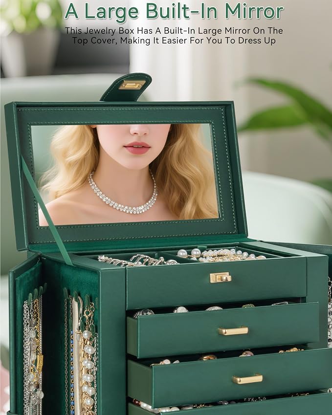 AKOZLIN 6-Tier Jewelry Box Organizer Functional 5 Drawers Leather Jewelry Storage Case for Women Girls Ring Necklace Earring Bracelet Holder Organizer with Mirror XL Green 360° Rotating