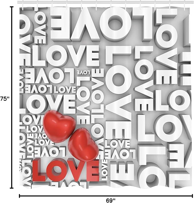Ambesonne Love Shower Curtain, Macro Big Texts Lettering Setting Passionate Emotions Feelings Sweetheart Design, Cloth Fabric Bathroom Decor Set with Hooks, 69" W x 75" L, Grey Red White