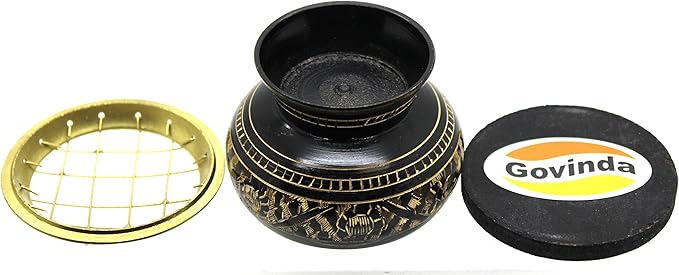 Govinda - Small Decorated Brass Charcoal Screen Incense Burner with Wooden Coaster