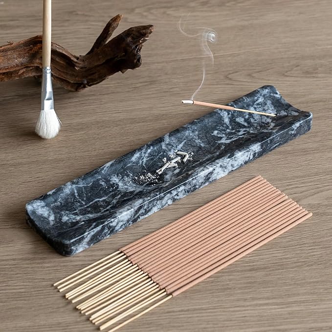 Marble Incense Holder Burner-Natural Stone Stick Incense Tray with Ash Catcher，20 Sticks & Brush - Elegant Decor for Meditation, Yoga, Home,Gift (Black)