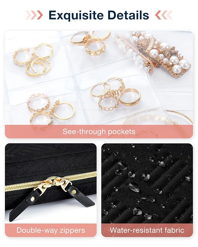 BAGSMART Jewelry Travel Organizer Case Ring Binder Storage Rolls, Black | For Home Jewelry Storage, Ring Binder Clear Bags, Zipper Rolls Pouch, For Necklaces, Earrings, Rings, Bracelets