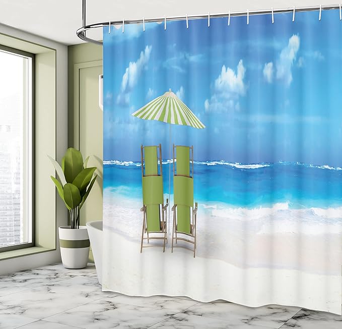 Ambesonne Seaside Shower Curtain, Sunshade Drinks Pair of Reclining Chairs Facing to Ocean Seascape, Cloth Fabric Bathroom Decor Set with Hooks, 69" W x 70" L, Green Lime