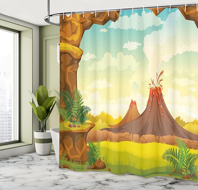 Ambesonne Volcano Shower Curtain, Prehistoric Landscape with Cave Smoky Volcanoes and Green Grass Cloudy Sky, Cloth Fabric Bathroom Decor Set with Hooks, 69" W x 70" L, Orange Green