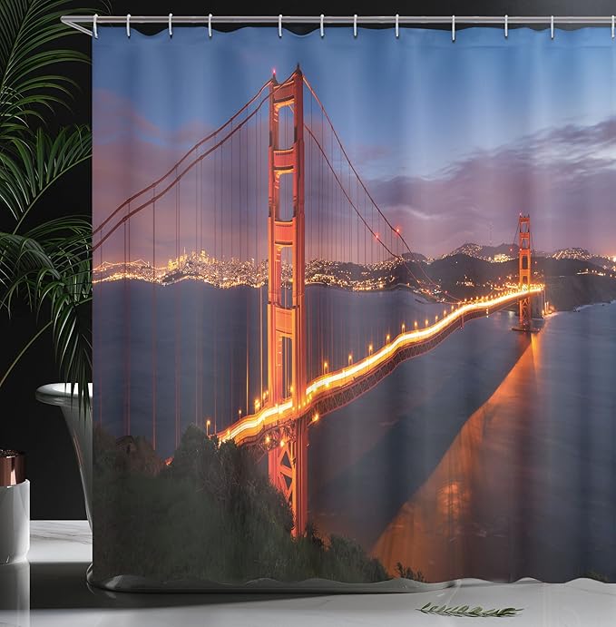 Ambesonne City Shower Curtain, Panorama of Golden Gate Bridge Famous Architectural Landscape Scenery, Cloth Fabric Bathroom Decor Set with Hooks, 69" W x 70" L, Orange Dried Rose Blue