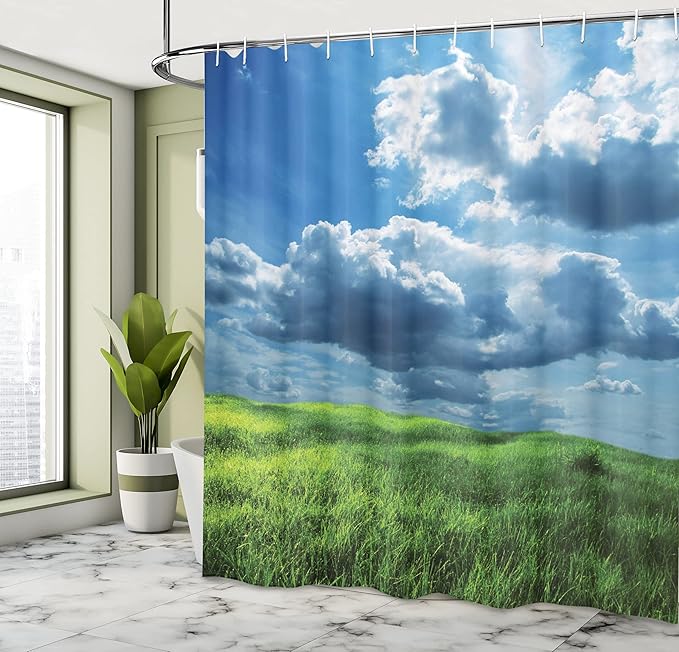 Ambesonne Clouds Shower Curtain, Freshening Grasslands and Large Rain Clouds Epic Field Idyllic Sky Scenery, Cloth Fabric Bathroom Decor Set with Hooks, 69" W x 70" L, Blue Green