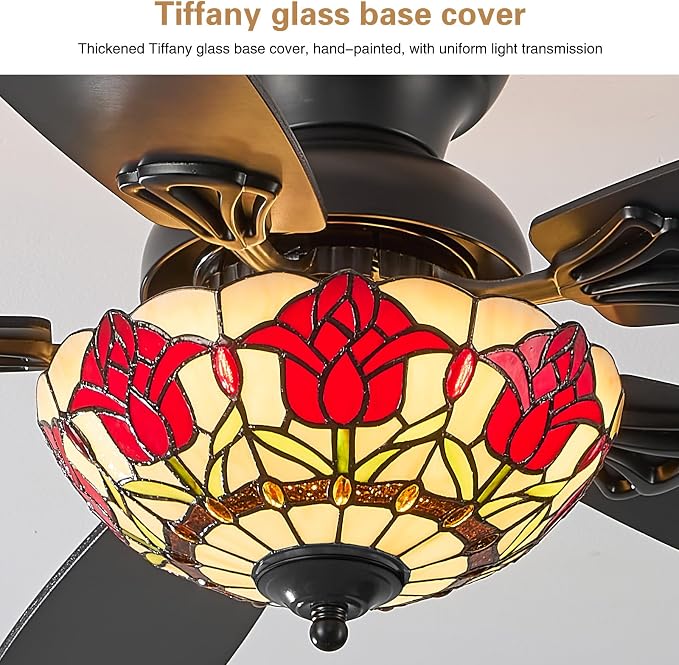 Tiffany Ceiling Fans with Lights - 52" Ceiling Fan Chandelier with 5 Dual-Blades and Glass Shade, 6 Speeds and Reversible, Indoor and Outdoor, Retro Style
