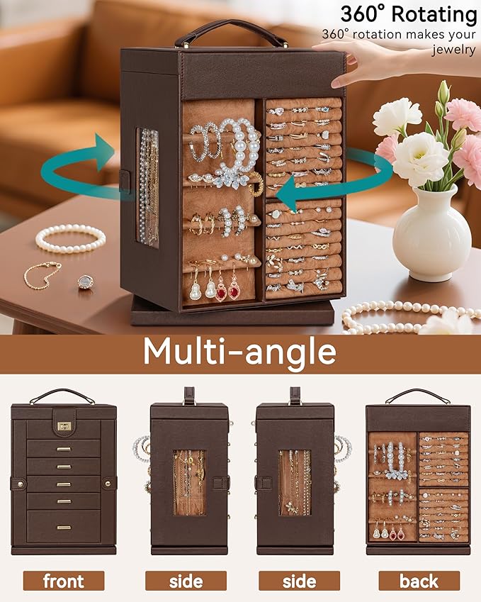 AKOZLIN 6-Tier Jewelry Box Organizer Functional 5 Drawers Leather Jewelry Storage Case for Women Girls Ring Necklace Earring Bracelet Holder Organizer with Mirror Brown 360° Rotating
