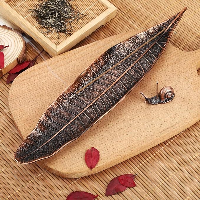 Accmor Incense Holder Set, Leaf and Snail Incense Burner, Incense Ash Catcher, Incense Sticks Holder for Counters, Meditation Room, Yoga, Home, Office, Red Copper