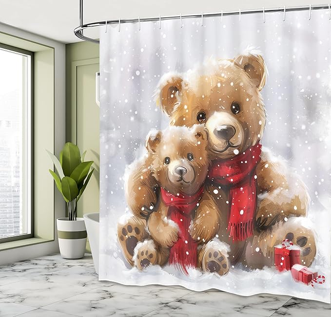 Ambesonne Christmas Shower Curtain, Classic Oil Paint Look Bear Family in Snowy Atmosphere of Xmas Joy, Cloth Fabric Bathroom Decor Set with Hooks, 69" W x 70" L, Off White Tan Dark Pink