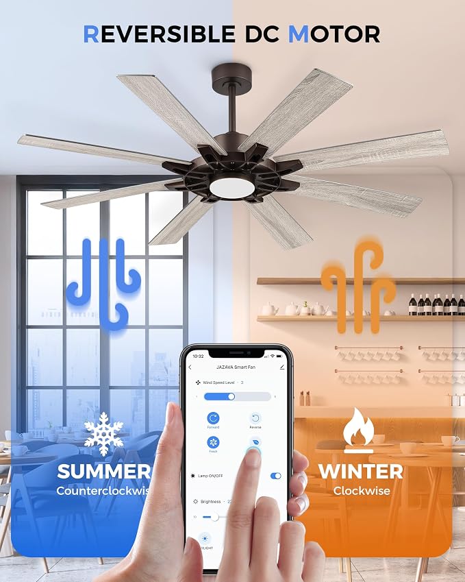 60 Inch Ceiling Fan with Light,Smart Indoor Outdoor Ceiling Fan with Alexa,Large Oil Rubbed Bronze Modern Ceiling Fan,Dual Finish 8 Blades,Quiet Fan for Living Room, ZCCF05ORB-60
