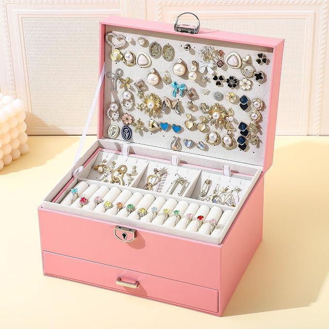 BOOVO Large Jewelry Boxes For Women (Pink) | 5 Layers Jewelry Organizer Box With Cosmetic Storage Drawer, Necklace Ring Jewelry Organizer Box