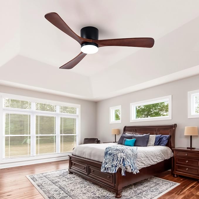 52" Flush Mount Ceiling Fan with Lights Remote Control, 3 Blades Wood Ceiling Fans, Quiet Reversible DC Motor, 6-Speed, Timer, Modern Ceilingfans for Low Profile, Walnut and Matte Black