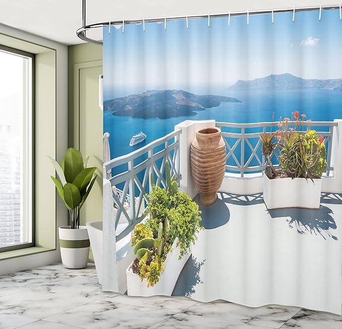 Ambesonne Landscape Shower Curtain, Santorini Island Greece Aegean Sea Trees Flowers Clear Sky Photo Print, Cloth Fabric Bathroom Decor Set with Hooks, 69" W x 70" L, Blue White