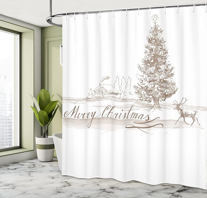 Ambesonne Christmas Shower Curtain, Romantic Vintage New Year Scenery with Reindeer Tree and Star Design Image, Cloth Fabric Bathroom Decor Set with Hooks, 69" W x 70" L, Brown