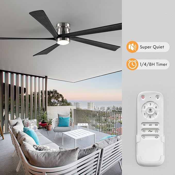EKIZNSN 84 Inch Brushed Nickel Flush Mount Ceiling Fans with Lights for Patios, 110V Noiseless Reversible DC Motor, 6-Gear Speed (Nickel Finish with Black Blades)