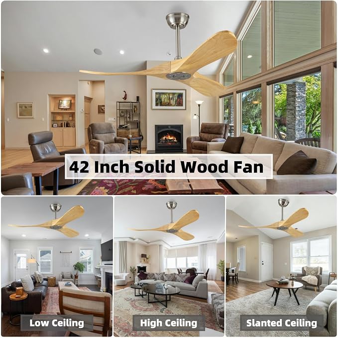 42 Inch Modern Ceiling Fan Without Lights,Reversible DC motor silent ceiling fan, increase air circulation, suitable for living room, dining room, bedroom outdoor (Brushnickle+Natural Wood, 42 inch)