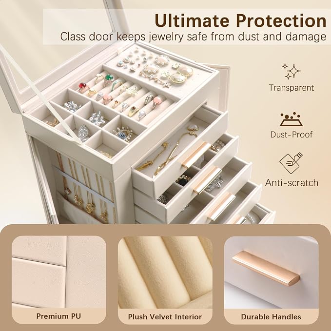 Homeanda 6-Layer Jewelry Boxes for Women, Large PU Leather Storage Organizer with 5 Drawers Glass Lid Case for Rings Necklaces Earrings Bracelets Watches, Gift for Wife and Girls (Beidge)